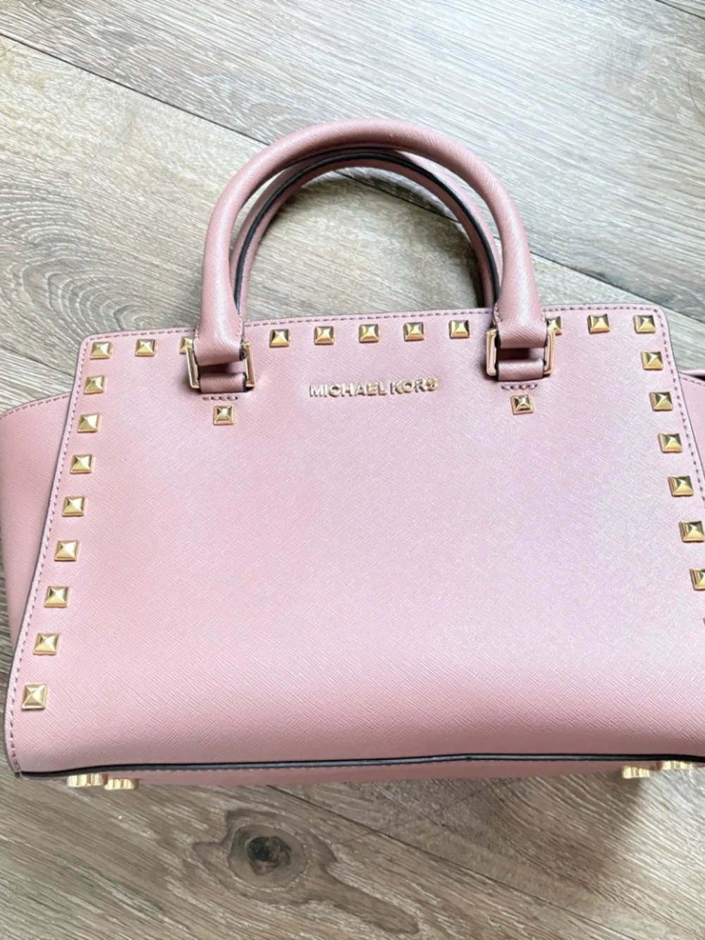 Michael Kors Selma Studded Medium Saffiano Leather Satchel Pink Gold Hardware